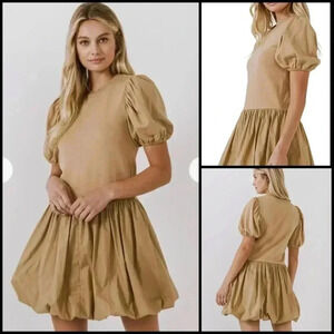 Impeccable Pig Mix Media Bubble Hem Puff Sleeve Tan Mini Coquette Party Dress S
